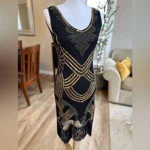 Elegant Black and Gold Midi Dress